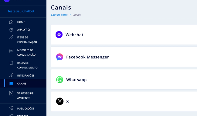 Tela exibindo os diversos canais: whatsapp, facebook e outros